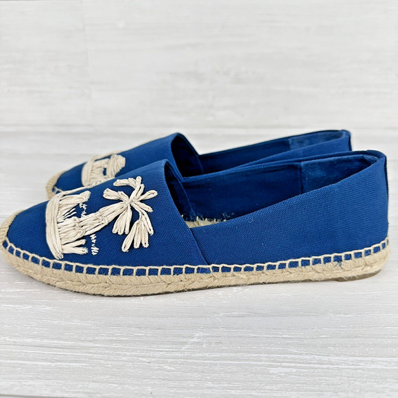 Tory Burch Flat Espadrille Size 8 Raffia Embroidered Straw Blue Tropical‎ Cruise - Picture 5 of 13